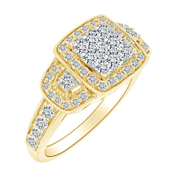 AFFY 0.98 Ctw Round Cut White Natural Diamond Halo Engagement Wedding Ring Solid 10k Yellow Gold (I-J Color)