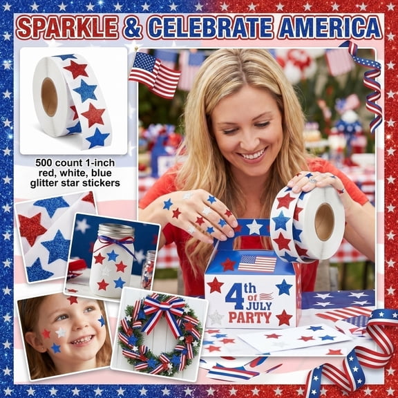 0.98 in Small Star 4th of July Stickers Roll, 500PCS Glitter Patriotic Star Labels for Party Favor, Scrapbook, Gift Wrap, Independence Day Craft Decorations