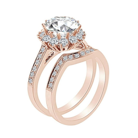 AFFY 0.99 Carat Round Shape White Natural Diamond Semi Mount Wedding Engagement Ring Set 18K Solid Rose Gold Ring Size-5.5