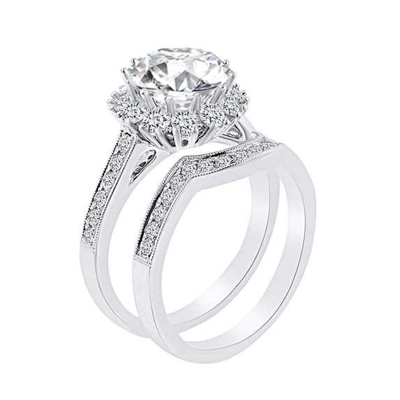AFFY 0.99 Carat Round Shape White Natural Diamond Semi Mount Wedding Engagement Ring Set 18K Solid White Gold Ring Size-5
