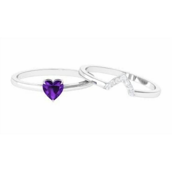 0.9ct Heart Shape Amethyst and CZ Ring Set 925 Sterling Silver Promise Ring for Women | Wedding, Engagement Bridal Rings | Mothers Day Gift_9.5