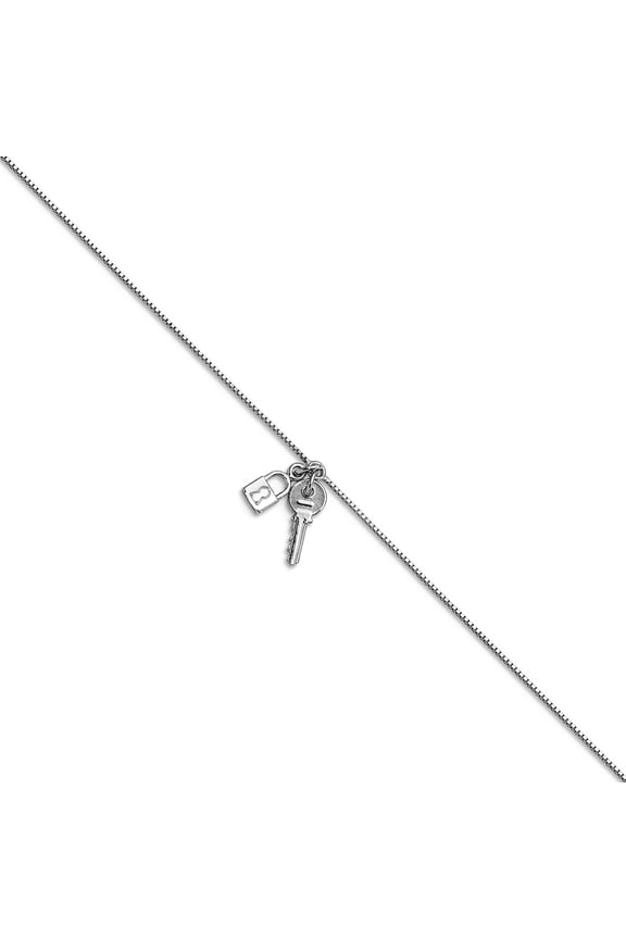 0.9mm 925 Sterling Silver Rhod-pl Polished Lock and Key With 1inch Ext. Anklet 9 Inch Anklet for Women