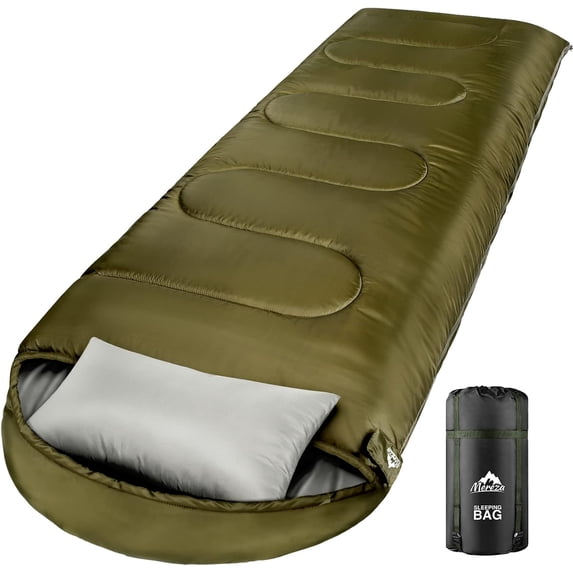 0 Degree Army Green Rectangular Winter Sleeping Bag with Pillow for 1 Person, 3-Season Camping and Hiking