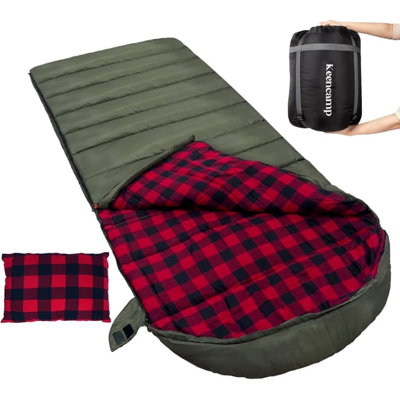 0 Degree Cotton Flannel Winter Sleeping Bag for Adults XXL 4 Season with Pillow and Compression Sack Color Green