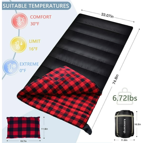 0 Degree Sleeping Bag Cotton Flannel Winter Cold Weather for Adults XXL Sleeping Bag 4 Season Big and Tall with Pillow Compression Sack