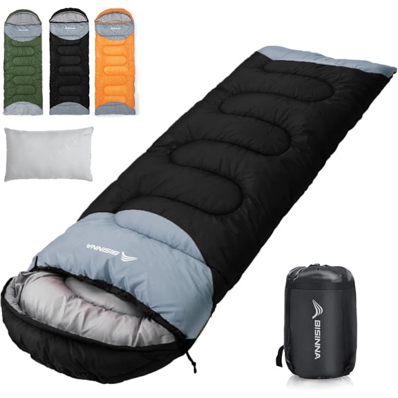 0 Degree Winter Sleeping Bag for Adults 480GSM Hollow Fiber Fill Comfortable Warm Portable with Pillow Compression Sack Black Left Zipper
