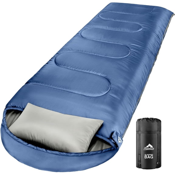 0 Degree Yale Blue Rectangular Winter Sleeping Bag with Pillow for 4-Season Camping, Hiking, and Backpacking