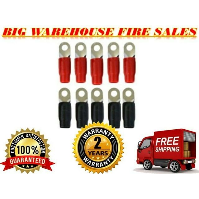 0 Gauge Ring Terminal 10 Pack 1/0 AWG Wire Crimp Cable Red/Black 5/16