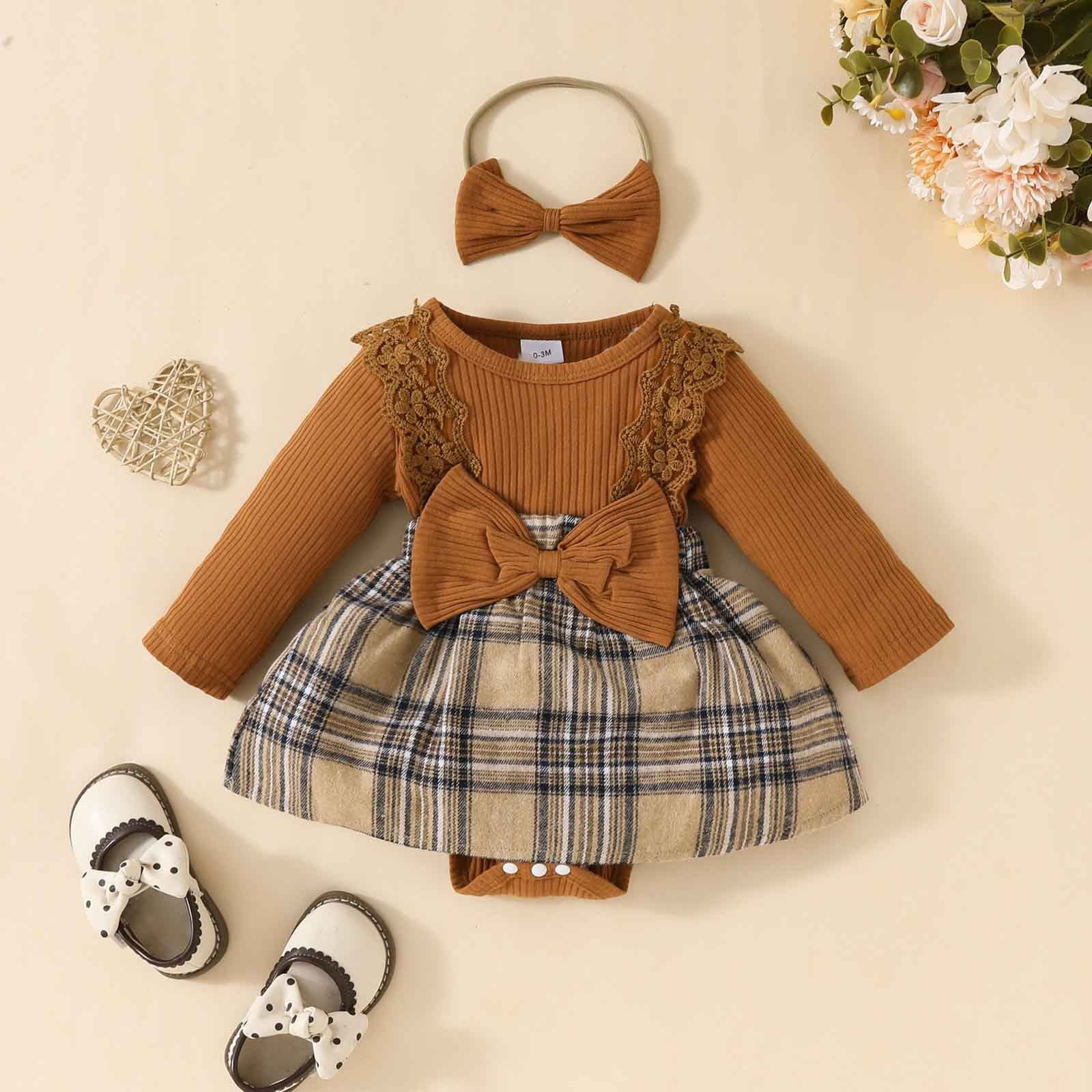 0 Months Newborn Baby Girl Outfits Infant Long Sleeve Plaid Print Romper  Dress with Headband Set Infant Fall Winter Clothes Brown - Walmart.com