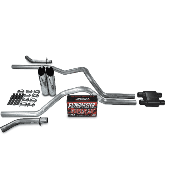 00-06 GM 2500 Dual Inlet Exhaust Kit Flowmaster Super 10 Corner Exit Chrome Tips
