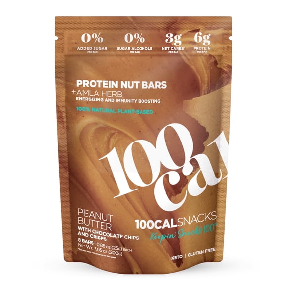 100 Cal Snacks Peanut Butter Chocolate Chip Protein  Bar, High Protein, Fiber; Gut Healthy, Zero Added Sugars, Gluten Free. 0.88 oz, 8 Count