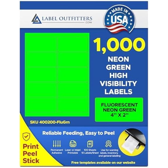 ,000Printable High-Visibility Fluorescent Neon Green Inventory Shipping Mailing Labels, 4 x 2 inches, 100 Sheets