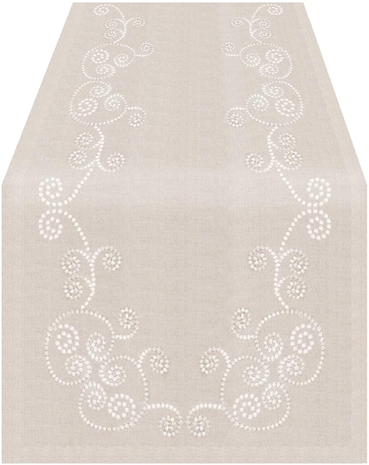 Natural Linen Blend Embroidered Swirl Table Runner