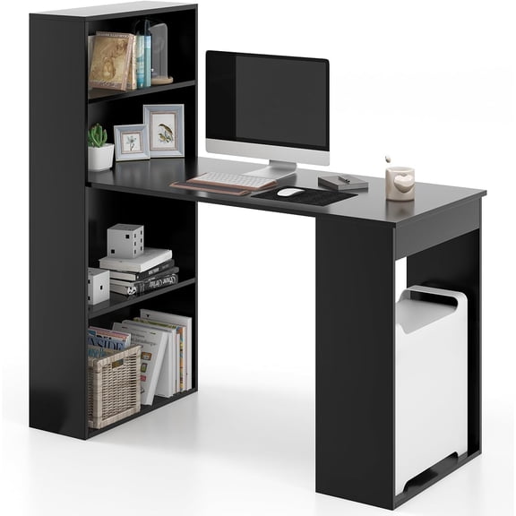 002 48 Inch Computer Desk with Shelves, Writing Desk with Storage Bookshelves and PC Stand, Reversible Gaming Table with Workstations, Easy Assemble Study Desk for Office, Home (Dark)