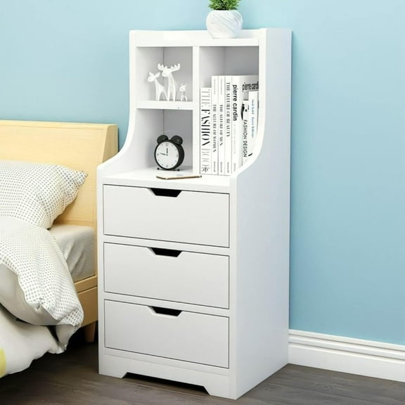 002 Modern Nightstand with 3 Drawers, Tall Bed End Table/Bedside Table, Bed Side Table/Night Stand with Open Shelf for Bedroom Living Room, 37x30x85cm,(White)