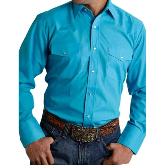 0025 Men's Long Sleeve Western Style Shirt Solid Broadcloth - Turq