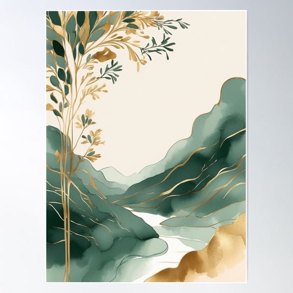 003 Abstract Art (Green And Gold Theme) Poster Wall Art, Modern Wall Decor For Living Room Bedroom, 24x36 UNFRAMED