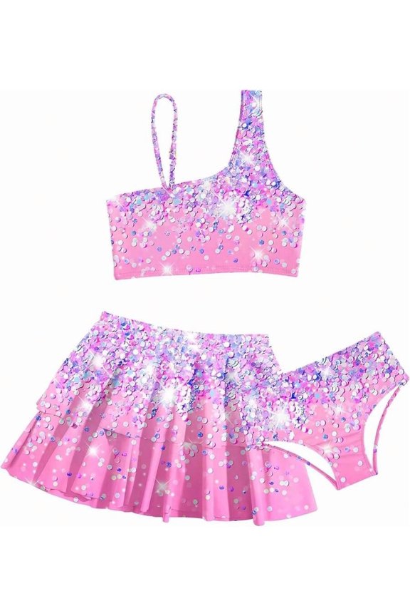 003 pink 3-Piece Glitter Sequin Swimsuit Set With Pleated Skirt In Pink 003