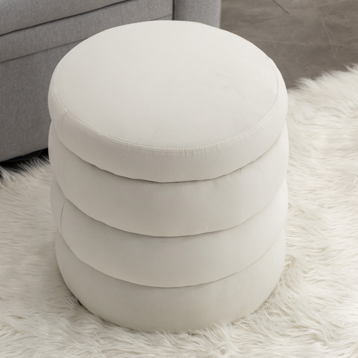 006-Ivory Soft Velvet Round Ottoman Versatile Footrest Stool for Living Room Bedroom