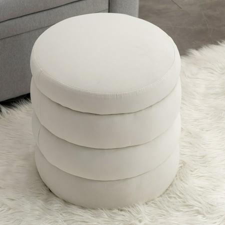 006-Ivory Soft Velvet Round Ottoman Versatile Footrest Stool for Living Room Bedroom
