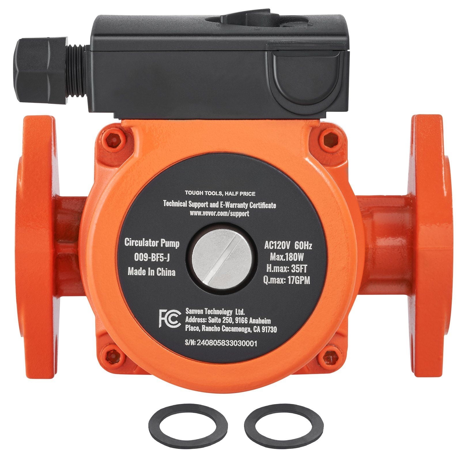 009-BF5-J Hot Water Recirculating Pump – 180W 110V, 17 GPM High Efficiency Circulation Pump for Tankless Water Heaters & Hydronic Heating Systems