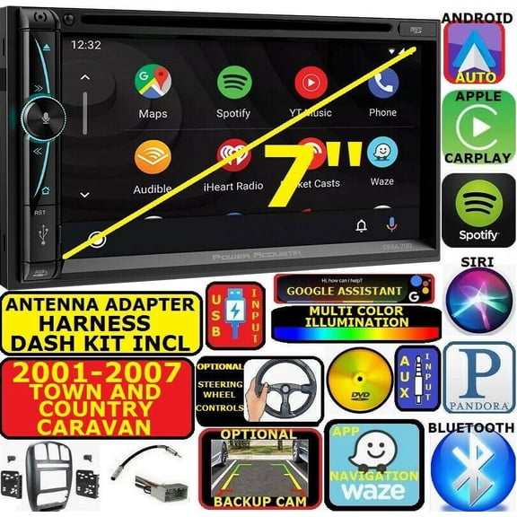 01-07 CARAVAN TOWN & COUNTRY APPLE CARPLAY NAVIGATION (works with IPHONE) AM/FM USB/BLUETOOTH CAR RADIO STEREO PKG. INCL. VEHICLE HARDWARE: DASH KIT, WIRE HARNESS, AND ANTENNA ADAPTER WHEN REQIRED.