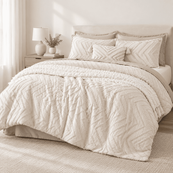 01 - Beige Super King Plus (128"x120") Boho Tufted Brushed Microfiber Comforter Set