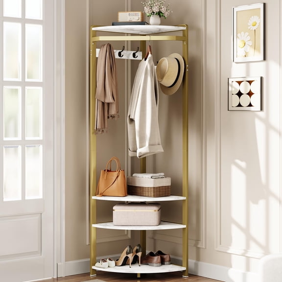 01-Gold Corner Coat Rack With 6 Hooks, 3 Marble Shelves, And Shoe Storage For Entryway Hallway