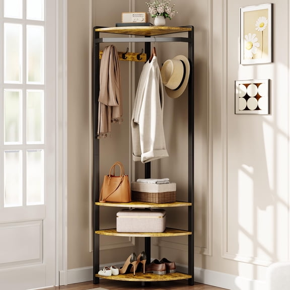 01 rustic Brown Rustic Brown Corner Hall Tree With 3 Shelves, 6 Double