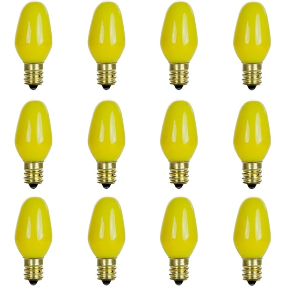 01061 7C7 Incandescent Bulb, 7 Watt, Candelabra E12 Base, C7 Small Night Light, Colored Bulb, Yellow, 12 Count