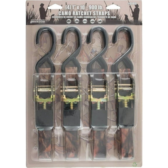 Erickson Ratchet Tie Down Strap Camo - 900 Lb Breaking Strength - 4 Pack, 1"x10', Green