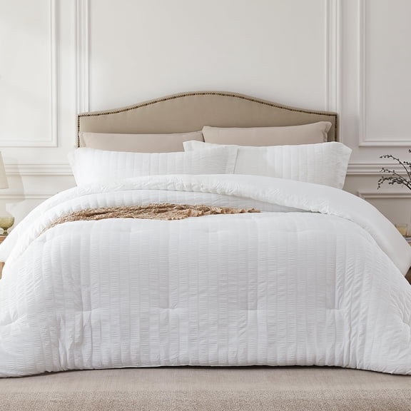 01white Queen (90''*90'') 3-Piece Seersucker Lightweight Bedding Set for All Seasons