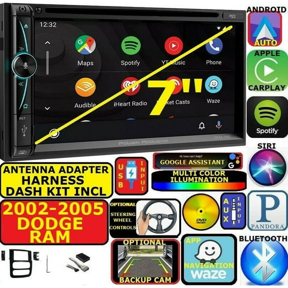02-05 RAM APPLE CARPLAY NAVIGATION (works with IPHONE) AM/FM USB/BLUETOOTH CAR RADIO STEREO PKG. INCL. VEHICLE HARDWARE: DASH KIT, WIRE HARNESS, AND ANTENNA ADAPTER WHEN REQIRED.
