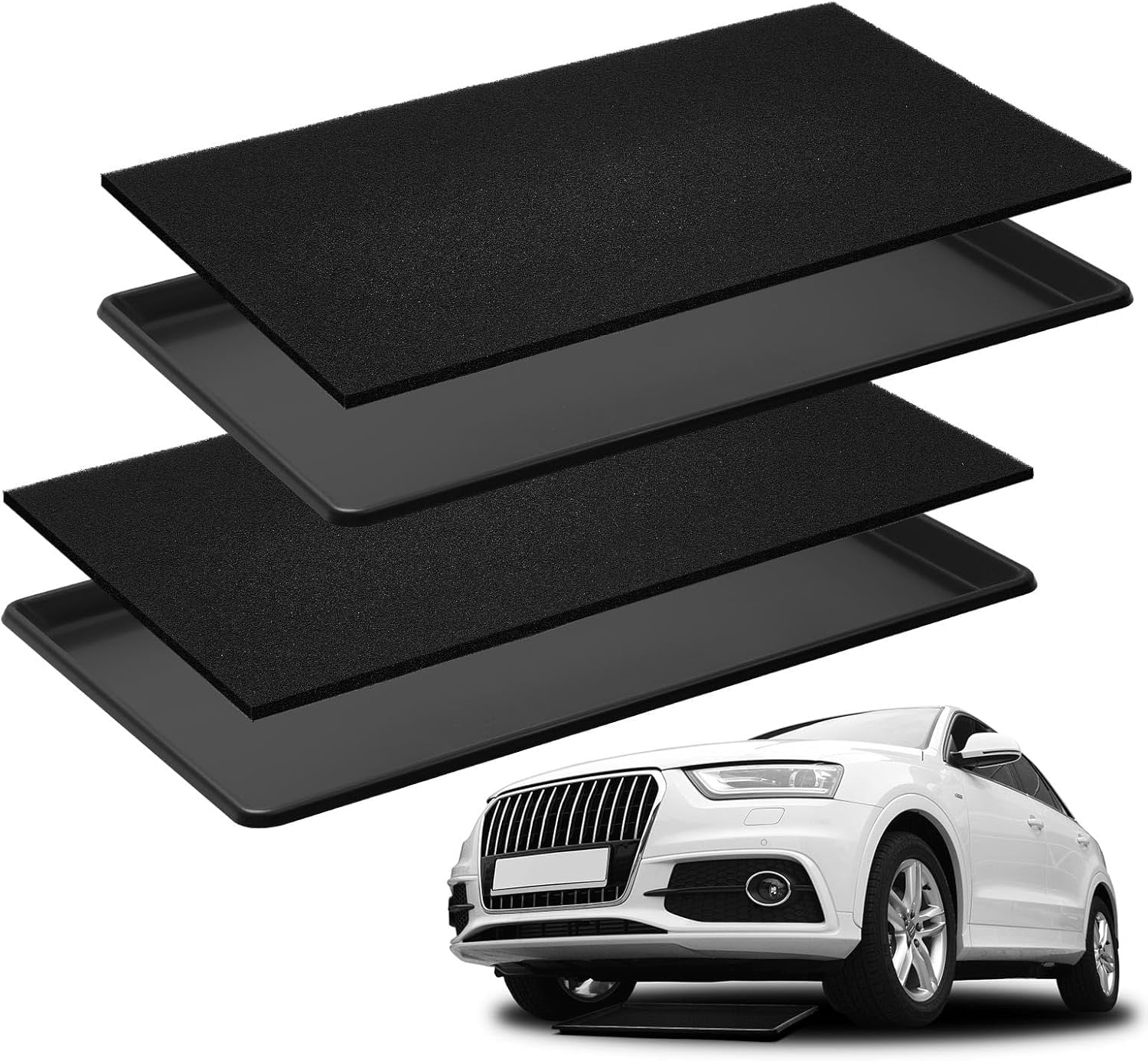 02 Sets Oil Catch Pan with Anti-Splash Pad, 35 x 24 x 1.4 Inch Large Heavy Duty Oil Drain Pan for Under Car, Chemical & Heat Resistant Drip Tray for SUV Truck Garage Protection