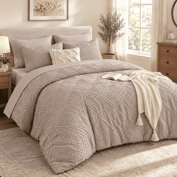 02-oatmeal Super King (120"x120") Tufted Boho Microfiber Comforter Bedding Set