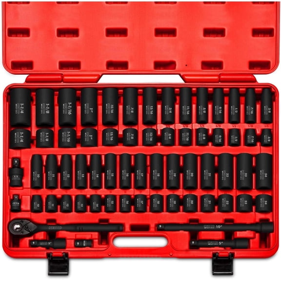 02448A 1/2" Drive Master Impact Socket Set, 65 Piece, Standard SAE (3/8"-1-1/4") & Metric (10-24 mm) Sizes, Deep ow Kit, Includes Adapters Ratchet Handle