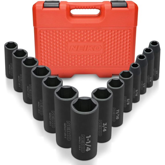 02476A 1/2" Impact Socket Set, 14 Piece 6 Point Impact Set, Standard Impact Socket Set, SAE Sizes (3/8-Inch to 1-1/14") Cr-V Steel, Deep Socket Set 1/2 Drive,