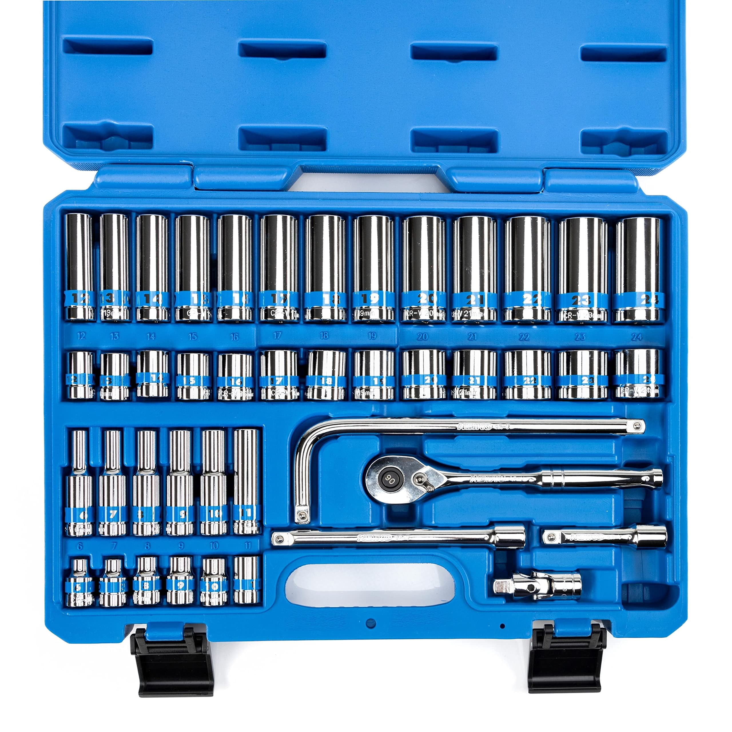 02512a 3/8" Drive Socket Set With Quick Release Ratchet (90 Tooth)  43 Piece Standard And Deep Metric Sizes 6mm To 24mm 6 Point Universal Joint Extension Bars Made Cr-v Steel