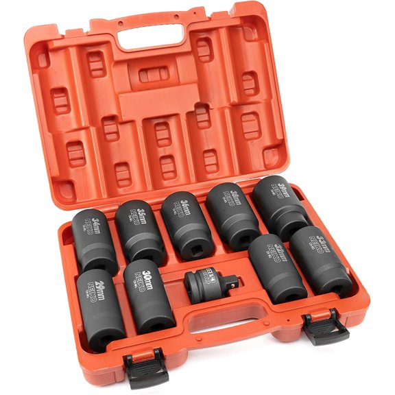 02531A 10 Piece 12 Point Socket Set 1/2 Drive, Lug Nut Remover, Spindle Nut Socket, Axle Nut Socket Set, Metric 29-39mm Socket 1/2 Drive Impact Set, Cr-Mo Impact Adapter, 3/4" -1/2 Reducer