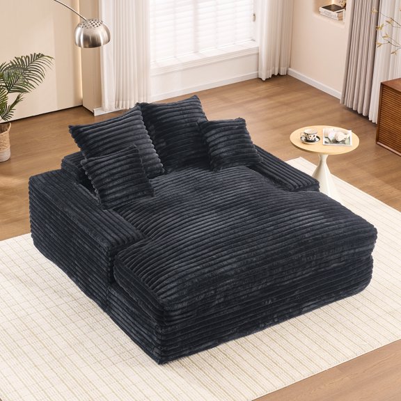 028DR-Oversized chaise Lounge chair, Upholstered Sleeper Sofa Bed with 4 Throw Pillows and Armrests, Corduroy Fabric Plush Lounge Chair Bed for Living Room, Apartment & Small Spaces, Gray