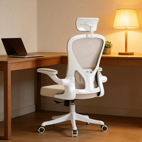 02h-Khaki Ergonomic Office Chair With Adjustable Lumbar Support, Headrest, Flip-Up Armrests And High Back For Home Study