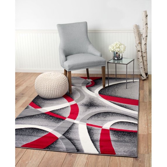 (#034) 5x7 Abstract Gray, Red, White Area Rug; Summit Collection | Rug and Decor Inc.