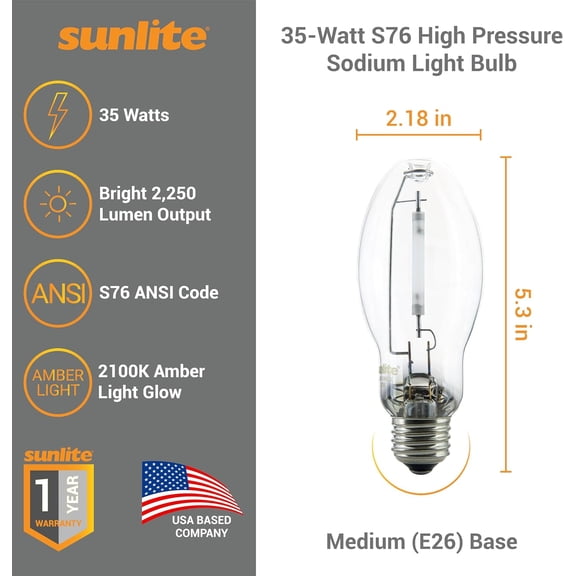 03600-SU LU35/MED High Pressure Sodium Light Bulb, 35 Watts, ED17/MED, Medium Base (E26), ANSI Code S76, 2250 Lumen, 16000 Life Hours, Clear, 2100K
