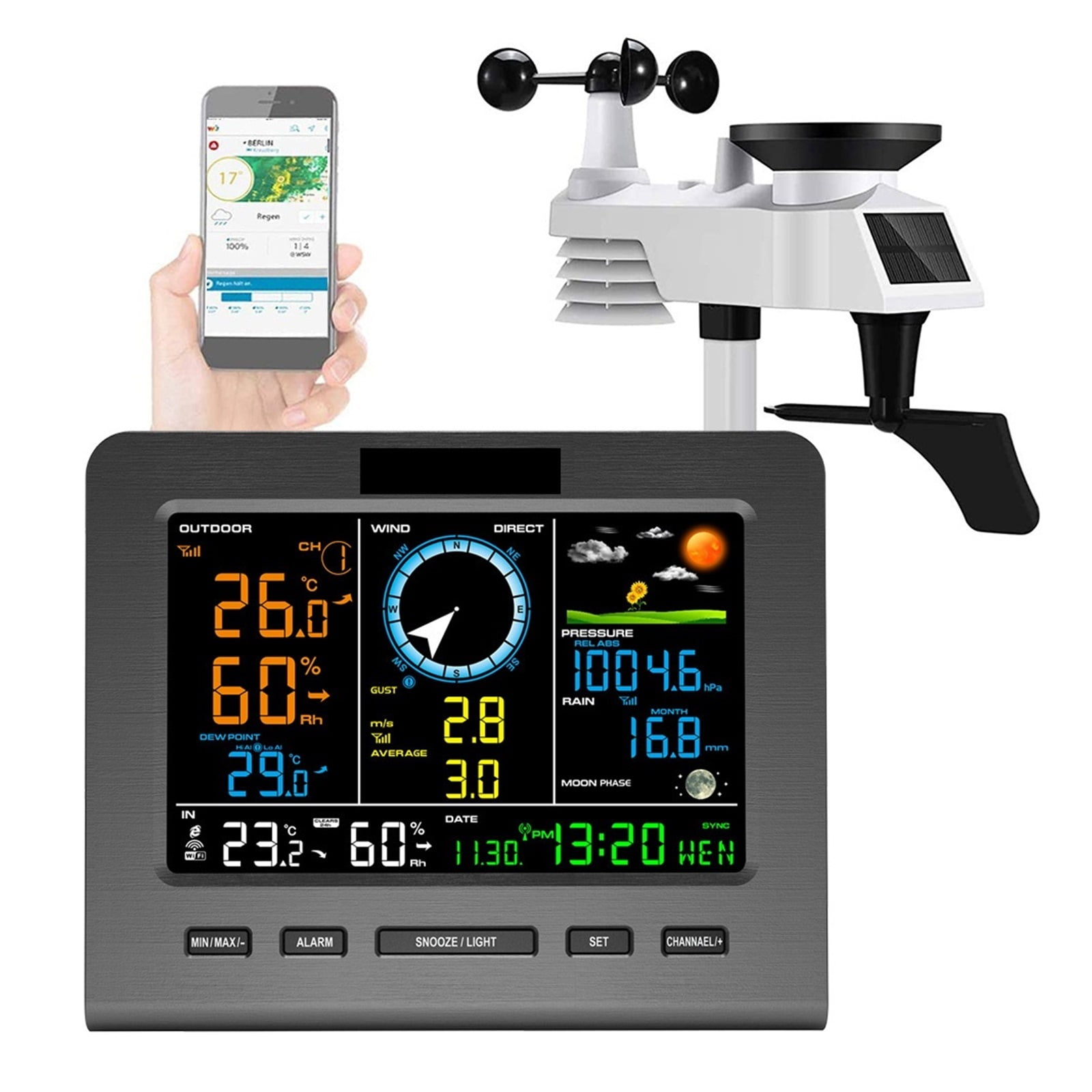 0366 Weather Station Outdoor Sensor Rain Gauge Weather Forecast Temperature Humidity Air Pressure Wind Gauge Moon Phrase ,Easy to Install