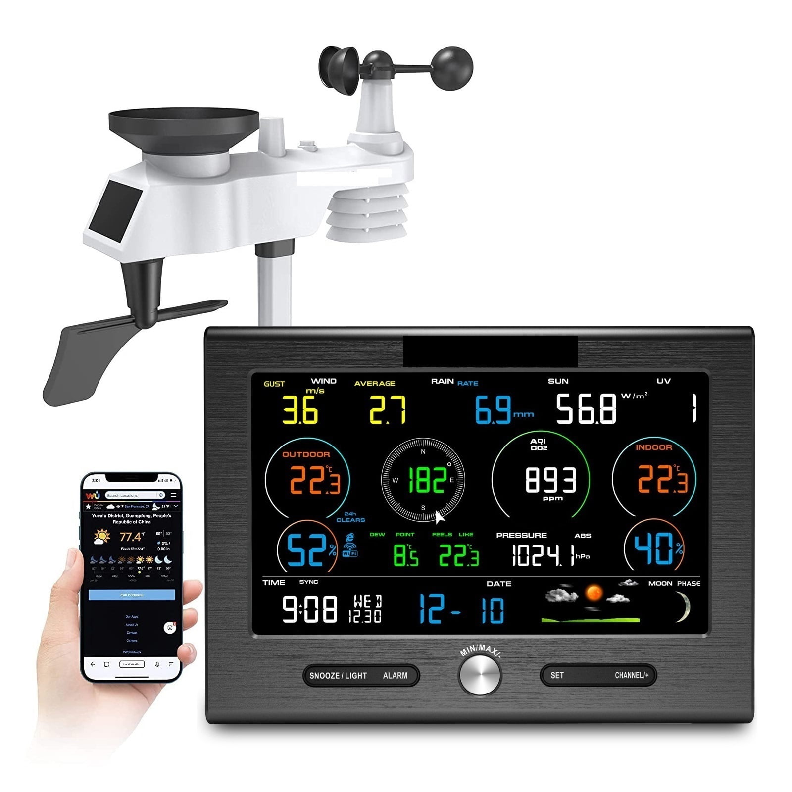 0371 Weather Station Outdoor Sensor Weather Forecast Base Detector Indoor AQI PM2.5 PM10 Co2 Monitor ,Easy to Install