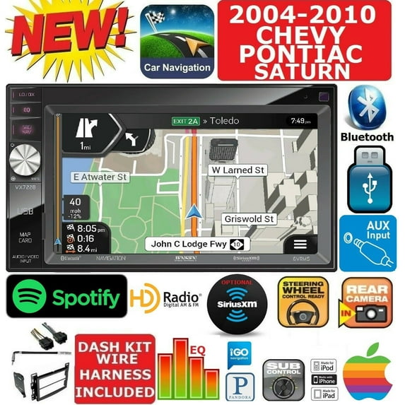 04-10 CHEVY PONTIAC SATURN USB BLUETOOTH CD/DVD AM/FM CAR RADIO STEREO PKG WITH OPT SIRIUSXM SATELLITE RADIO. INCL VEHICLE SPECIFIC INSTALLATION HARDWARE DASH KIT, WIRE HARNESS, AND ANTENNA ADAPTER