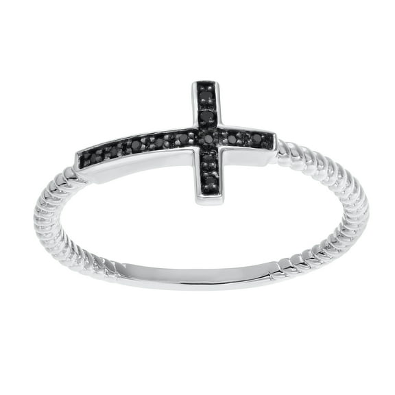 .04 cttw Black Diamond Sideways Cross 925 Sterling Silver Ring Size 9