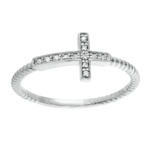 .04 cttw White Diamond Sideways Cross 925 Sterling Silver Ring Size 6