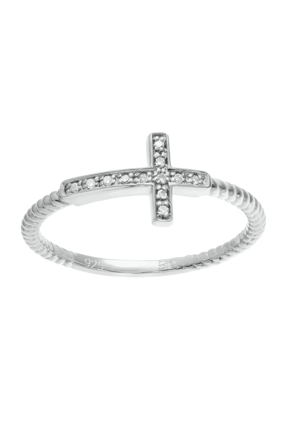 .04 cttw White Diamond Sideways Cross 925 Sterling Silver Ring Size 8