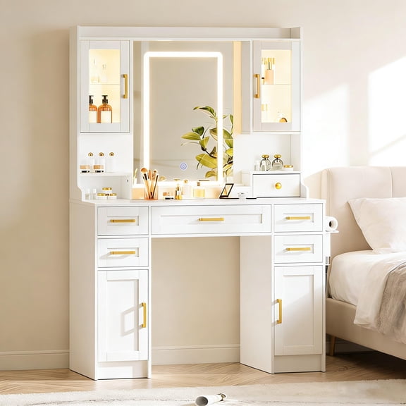 043 Pure White Vanity Desk with LED Mirror, Touch Screen, Hair Dryer